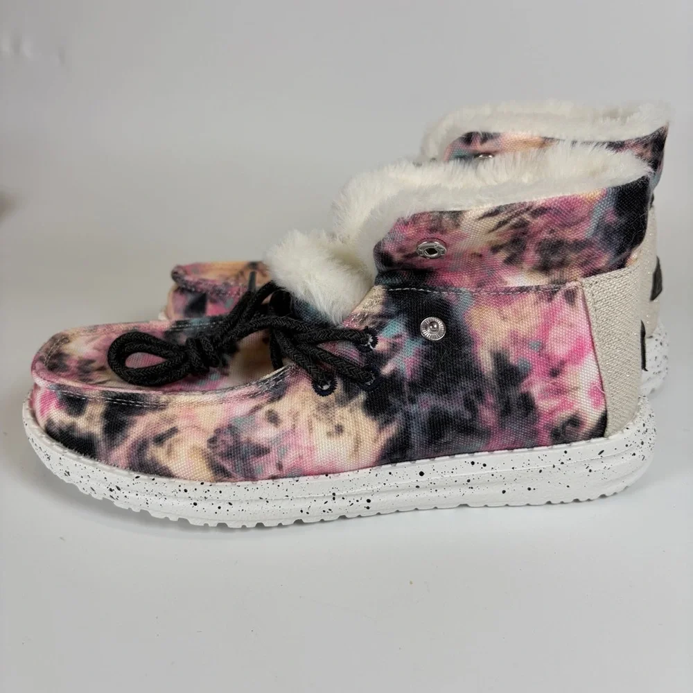 Hey Dude Britt Youth Y3 - L4 EU 35 Navy Pink Tie Dye Boho Boot Faux Fur‎